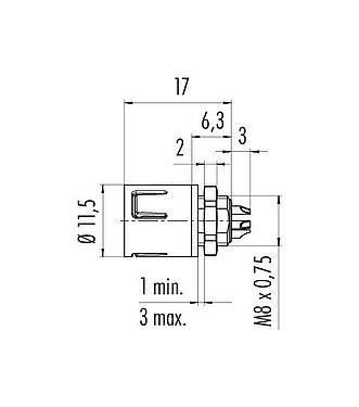 Scale drawing Snap-In Male panel mount connector, Contacts: 3, unshielded, solder, IP67, UL 2238, M8x0,75, Front mounting