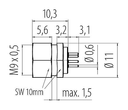 Scale drawing M9 Female panel mount connector, Contacts: 8, unshielded, THT, M9x0,5, Front mounting