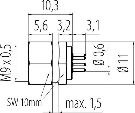 Dibujo a escala M9 Toma de brida, Número de contactos: 7, sin blindaje, THT, IP40, M9x0,5, Montaje frontal