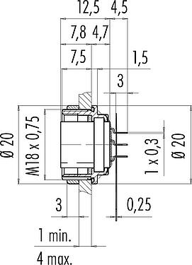Scale drawing M16 Female panel mount connector, Contacts: 7 (07-a), unshielded, THT, IP67, M18x0,75, Rear mounting