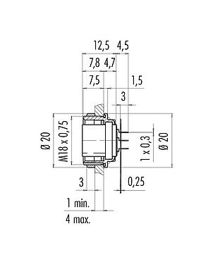 Scale drawing 09 0128 65 07 - M16 Female panel mount connector, Contacts: 7 (07-a), unshielded, THT, IP67, front fastened