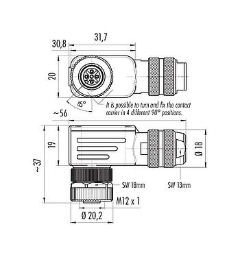 Dibujo a escala M12 Conector hembra en ángulo, Número de contactos: 4, 6,0-8,0 mm, blindable, abrazadera de alambre, IP67, con anillo de protección