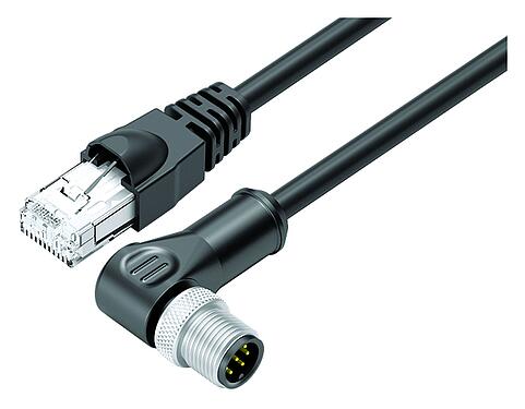 Illustration M12/RJ45 Connecting cable male angled connector - RJ45 connector, Contacts: 8, shielded, molded/crimp, IP67, Ethernet CAT5e, TPE, black, 4 x 2 x AWG 24, 0.6 m
