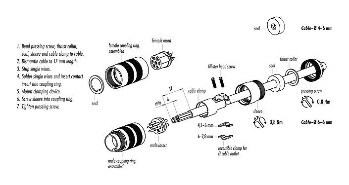 Instructions de montage M16 Connecteur mâle, Contacts: 19 (19-a), 4,1-7,8 mm, blindable, souder, IP68, UL 2238, Version courte