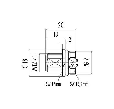 Scale drawing M12 Male panel mount connector, Contacts: 4, unshielded, solder, IP68, UL 2238, PG 9, Front mounting