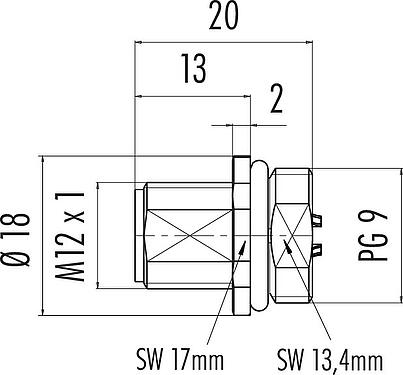 Dibujo a escala M12 Enchufe de brida, Número de contactos: 8, sin blindaje, soldadura, IP68, UL 2238, PG 9, Montaje frontal