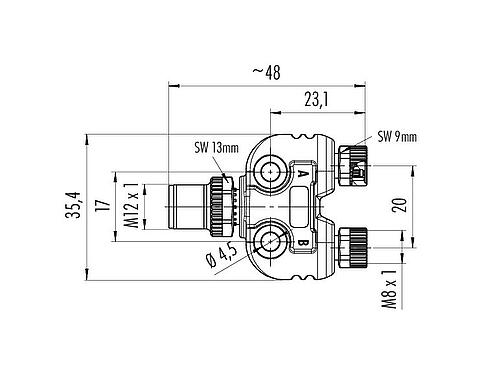 Scale drawing M12/M8 Twin distributors, Y-distributor, male connector - 2 female connector, Contacts: 4/3, unshielded, pluggable, IP68, UL 2238, with LED PNP closer