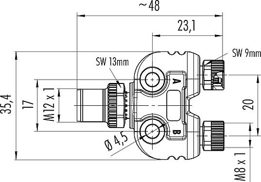 Scale drawing M12/M8 Twin distributors, Y-distributor, male connector - 2 female connector, Contacts: 4/3, unshielded, pluggable, IP68, UL 2238, with LED PNP closer