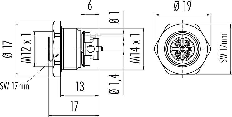 Dibujo a escala M12 Toma de brida, Número de contactos: 5, blindable, SMT, IP67, M14x1,0, Montaje frontal