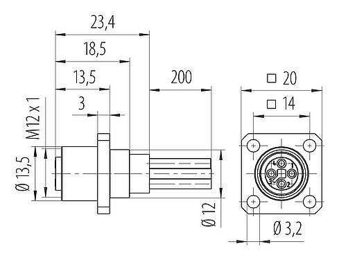 Dibujo a escala M12 Conector hembra cuadrado de montaje en panel, Número de contactos: 4, sin blindaje, hilos, IP40, UL 2238, M3 (4x), Montaje frontal, moldeado