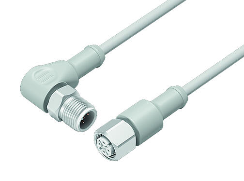 Illustration 77 3730 3727 20403-0200 - M12/M12 Connecting cable male angled connector - female cable connector, Contacts: 3, unshielded, moulded on the cable, IP69K, UL, Ecolab, PVC, grey, 3 x 0.34 mm², Food & Beverage, stainless steel, 2 m