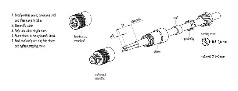 Instrucción de montaje 99 3376 00 04 - M8 Conector de cable hembra, Número de contactos: 4, 3,5-5,0 mm, sin blindaje, soldadura, IP67, UL