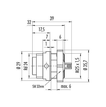 Dibujo a escala 09 4219 150 07 - RD24 Enchufe de brida, Número de contactos: 6+PE, sin blindaje, tornillo extraíble, IP67, UL, ESTI+, VDE, fijación central