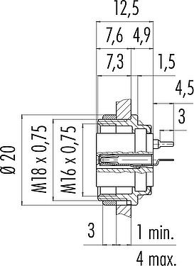 Dibujo a escala M16 Toma de brida, Número de contactos: 4 (04-a), sin blindaje, THT, IP40, M18x0,75, Montaje en pared