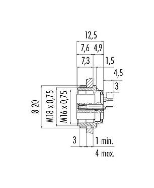 Scale drawing 09 0328 99 07 - M16 Female panel mount connector, Contacts: 7 (07-a), unshielded, THT, IP40, front fastened