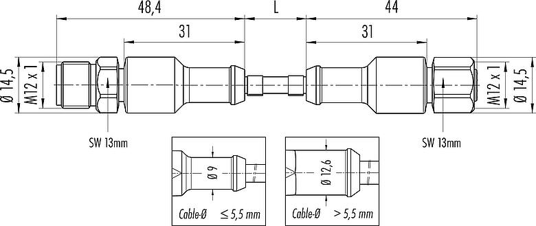 Dibujo a escala M12 Cable de conexión conector de cable macho - conector de cable hembra, Número de contactos: 5, sin blindaje, moldeado en el cable, IP67/IP69K, Ecolab, Conforme a la FDA, TPE especial, gris, 5 x 0,34 mm², Industria alimentaria, Acero inoxidable, 10 m