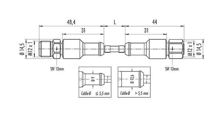 Scale drawing M12 Connecting cable male cable connector - female cable connector, Contacts: 12, unshielded, moulded on the cable, IP67/IP69K, Ecolab, FDA compliant, Special TPE, grey, 12 x 0.25 mm², Food & Beverage, stainless steel, 10 m