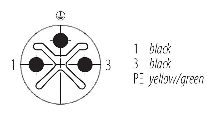Disposición de los contactos (lado de la conexión) 77 0690 0689 50703-0200 - M12 Cable de conexión conector de cable macho - conector de cable hembra, Número de contactos: 2+PE, sin blindaje, moldeado en el cable, IP68, UL 2238, PUR, negro, 3 x 1,50 mm², 2 m