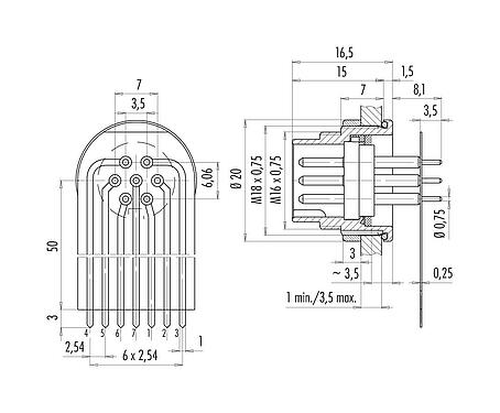 Conexión y dimensiones
M16 Enchufe de brida, Número de contactos: 7 (07-a), sin blindaje, THT, IP67, M18x0,75, Montaje en pared, moldeado