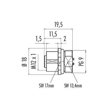 Scale drawing M12 Female panel mount connector, Contacts: 4, unshielded, solder, IP68, UL 2238, PG 9, Front mounting
