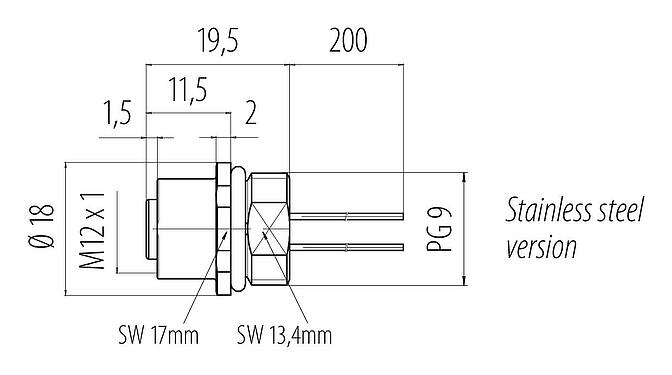 Dessin coté 76 2134 0111 00105-0200 - M12 Embase femelle, Contacts: 5, non blindé, fils, IP68, PG 9, Acier inoxydable