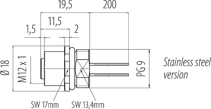 Dessin coté M12 Embase femelle, Contacts: 5, non blindé, fils, IP68, PG 9, Montage frontal, Acier inoxydable, coulé