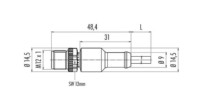 Dessin coté 77 4429 0000 50004-0500 - M12 Connecteur mâle, Contacts: 4, non blindé, surmoulé sur le câble, IP69K, UL, PUR, noir, 4 x 0,34 mm², 5 m