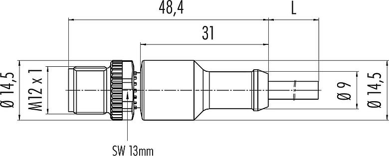 Dessin coté M12 Connecteur mâle, Contacts: 5, non blindé, surmoulé sur le câble, IP68/IP69K, UL 2238, PUR, noir, 5 x 0,34 mm², 2 m