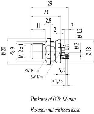 Dibujo a escala M12 Enchufe de brida, Número de contactos: 4, blindado, THT, IP68, UL 2238, PG 9, Montaje en pared, moldeado