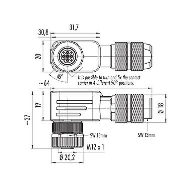 Dessin coté M12 Connecteur femelle coudé, Contacts: 4, 5,0-8,0 mm, blindable, pince à visser, IP67, UL 2238, ressort à iris