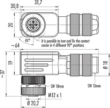 Scale drawing M12 Female angled connector, Contacts: 4, 5.0-8.0 mm, shieldable, screw clamp, IP67, UL 2238, iris spring