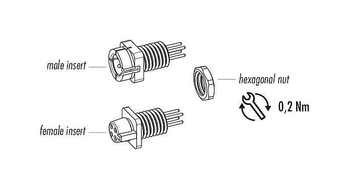 Dessin des composants Snap-In Embase femelle, Contacts: 3, non blindé, THT, IP40, 1/4" 28 UNF, Montage frontal