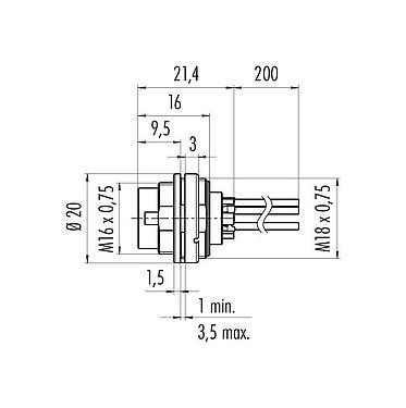 Scale drawing 09 0315 702 05 - M16 Male panel mount connector, Contacts: 5 (05-a), unshielded, single wires, IP40