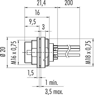 Scale drawing M16 Male panel mount connector, Contacts: 8 (08-a), unshielded, single wires, IP40, M18x0,75, Front mounting