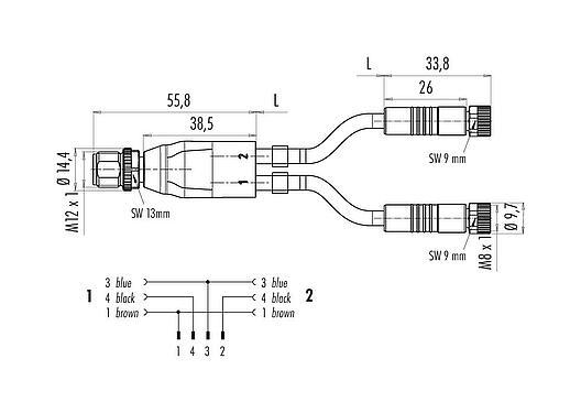 Dessin coté M12/M8 Répartiteur de câbles connecteur mâle - 2 connecteurs femelle, Contacts: 4/3, non blindé, surmoulé sur le câble, IP67, UL 2238, PUR, noir, 3 x 0,34 mm², 2 m
