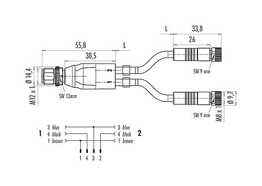 Scale drawing 77 9829 3406 50003-0200 - M12 male duo connector - 2 female cable connectors M8x1, Contacts: 4/3, unshielded, moulded on the cable, IP67, PUR, black, 3 x 0.34 mm², 2 m