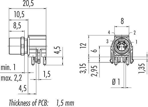 Scale drawing M8 Female angled panel mount connector, Contacts: 4, unshielded, THR, IP67, UL 2238