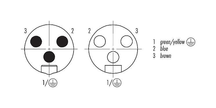 Disposición de los contactos (lado de la conexión) 7/8" Cable de conexión conector macho en ángulo - conector hembra en ángulo, Número de contactos: 2+PE, sin blindaje, moldeado en el cable, IP68, UL 2238, PUR, negro, 3 x 1,50 mm², 2 m