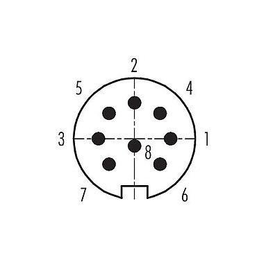 Disposición de los contactos (lado de la conexión) 09 0153 78 08 - M16 Conector macho en ángulo, Número de contactos: 8 (08-a), 6,0-8,0 mm, sin blindaje, soldadura, IP40