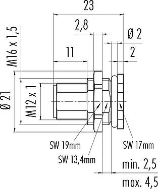 Dessin coté M12 Embase mâle, Contacts: 4, non blindé, souder, IP68, UL 2238, M16x1,5, Montage mural arrière