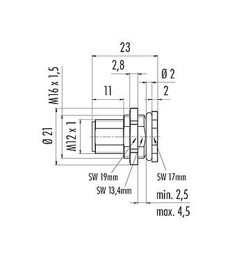 Scale drawing 86 0631 1002 00005 - M12 Male panel mount connector, Contacts: 5, unshielded, solder, IP68, UL 2238, M16x1.5, rear mounting