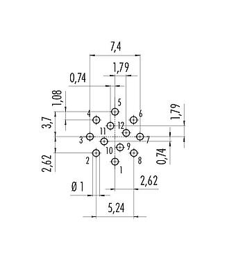 Conductor layout 99 9136 090 12 - Snap-In Female panel mount connector, Contacts: 12, unshielded, THT, IP67, VDE