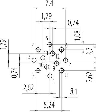 Conductor layout Snap-In Female panel mount connector, Contacts: 12, unshielded, THT, IP67, VDE, M12x1.0, Front mounting