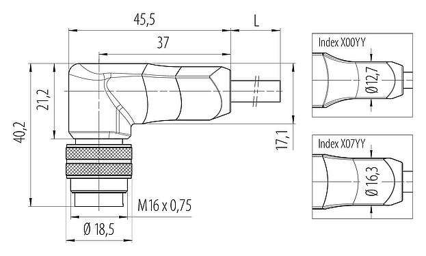 Scale drawing M16 Male angled connector, Contacts: 7 (07-b), shielded, moulded on the cable, IP67, PUR, black, 7 x 0.25 mm², 2 m
