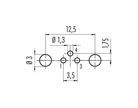 Conductor layout M8 Male panel mount connector, Contacts: 3, shieldable, THT, IP67, UL 2238, M8x1.0, Rear mounting