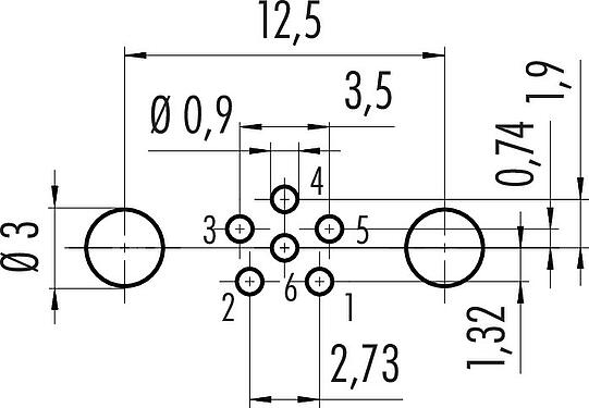 Conductor layout M8 Female panel mount connector, Contacts: 6, shieldable, THT, IP67, UL 2238, M10x0.75, Rear mounting, potted