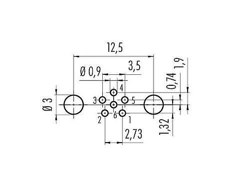 Conductor layout 86 6618 1121 00006 - M8 Female panel mount connector, Contacts: 6, shieldable, THT, IP67, UL, M10x0.75, Rear Mounting