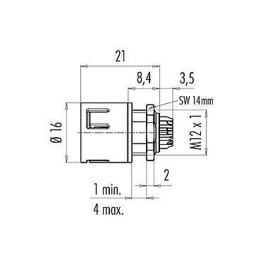 Scale drawing Snap-In Male panel mount connector, Contacts: 3, unshielded, solder, IP67, UL 2238, VDE, M12x1.0, Front mounting