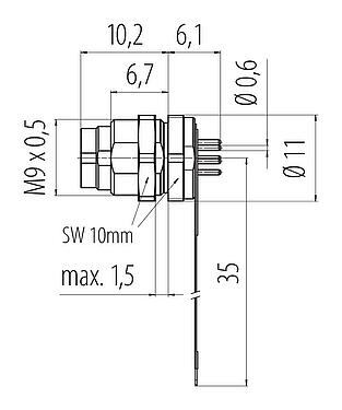 Dibujo a escala M9 Enchufe de brida, Número de contactos: 8, sin blindaje, THT, IP40, M9x0,5, Montaje en pared