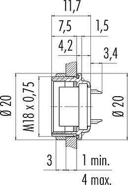 Scale drawing M16 Female panel mount connector, Contacts: 12 (12-a), unshielded, solder, IP67, UL 2238, M18x0,75, Rear mounting